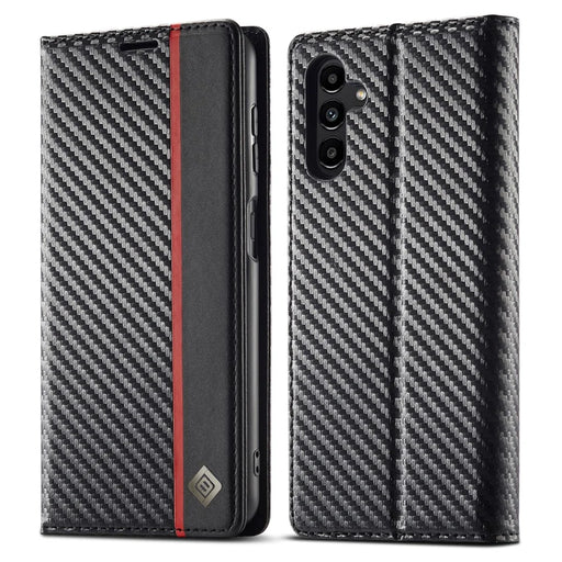 LC.IMEEKE For Samsung Galaxy S24 FE Case Carbon Fiber Texture Phone Cover Stand Card Holder - Vertical Stripe - 1