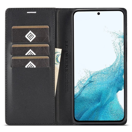 LC.IMEEKE For Samsung Galaxy S24 FE Case Carbon Fiber Texture Phone Cover Stand Card Holder - Vertical Stripe - 2