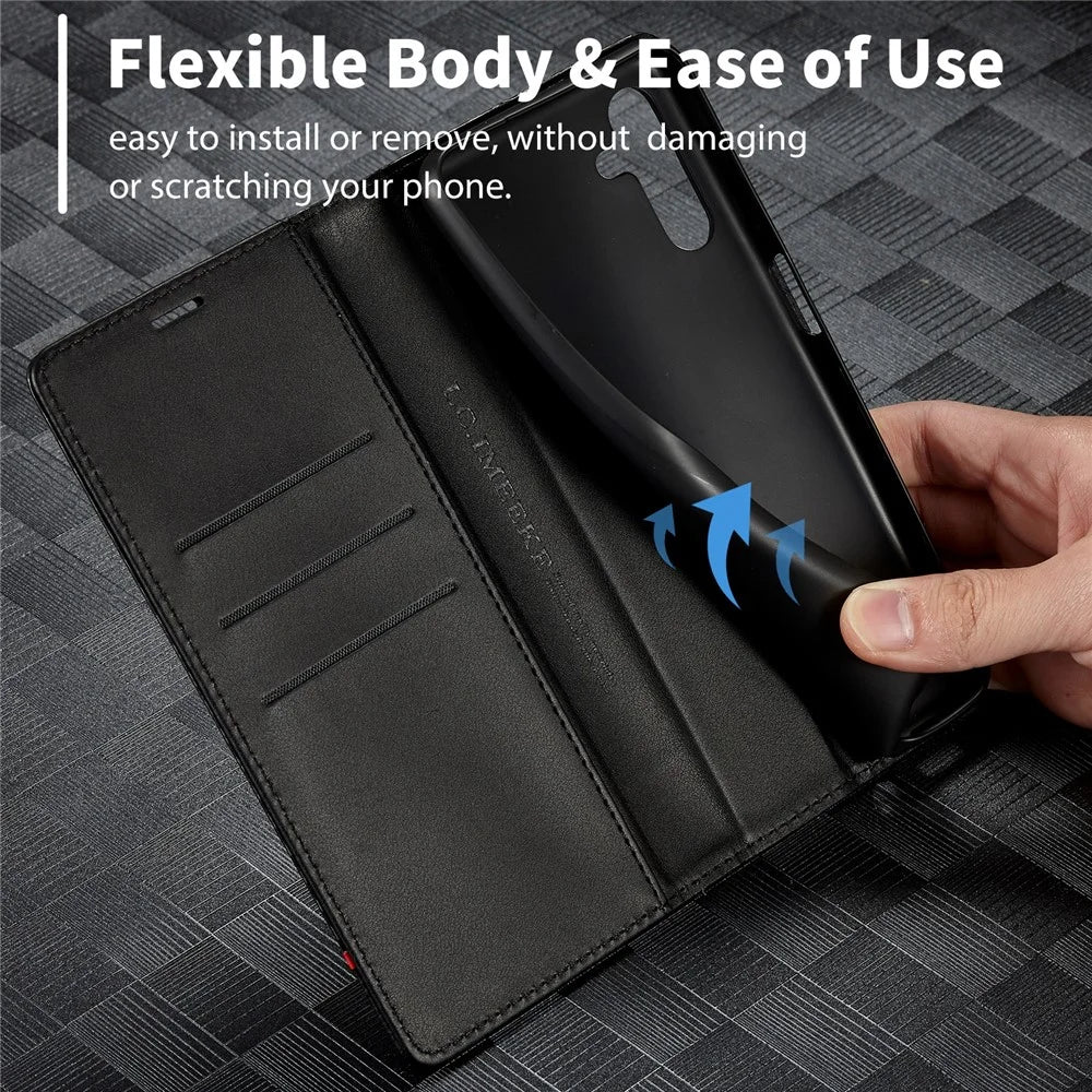 LC.IMEEKE For Samsung Galaxy S24 FE Case Carbon Fiber Texture Phone Cover Stand Card Holder - Vertical Stripe - 5