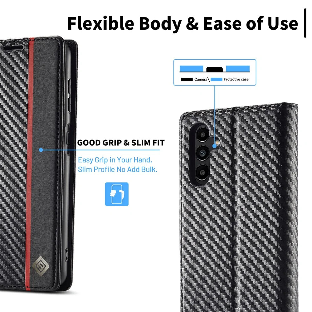LC.IMEEKE For Samsung Galaxy S24 FE Case Carbon Fiber Texture Phone Cover Stand Card Holder - Vertical Stripe - 6