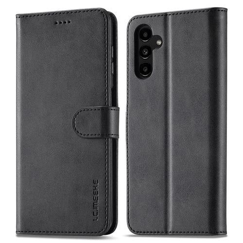 LC.IMEEKE For Samsung Galaxy S24 FE Case Calf Texture PU Leather Stand Wallet Phone Cover - Black - 1