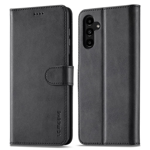 LC.IMEEKE For Samsung Galaxy S24 FE Case Calf Texture PU Leather Stand Wallet Phone Cover - Black - 1
