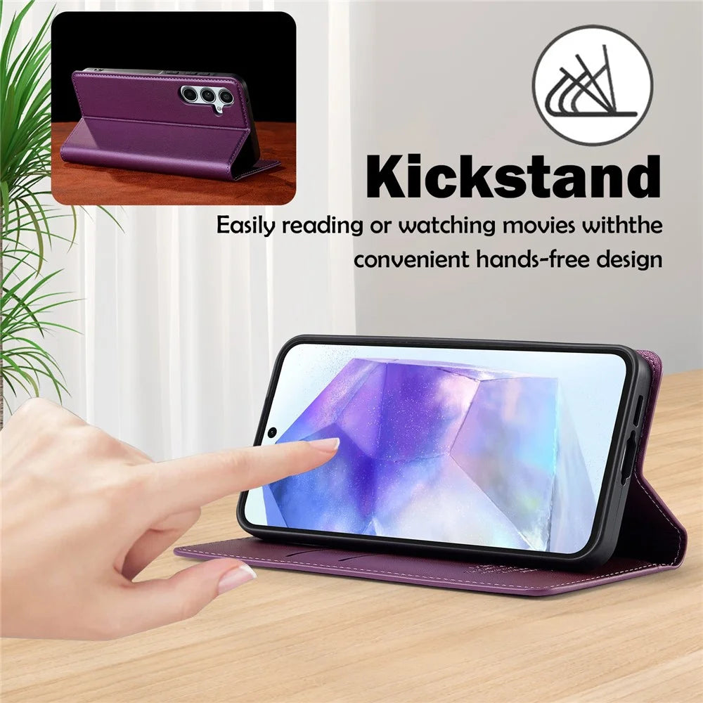 LC.IMEEKE L1 Series for Samsung Galaxy S24 FE Case PU Leather Wallet Stand Protective Phone Cover - Purple - 7