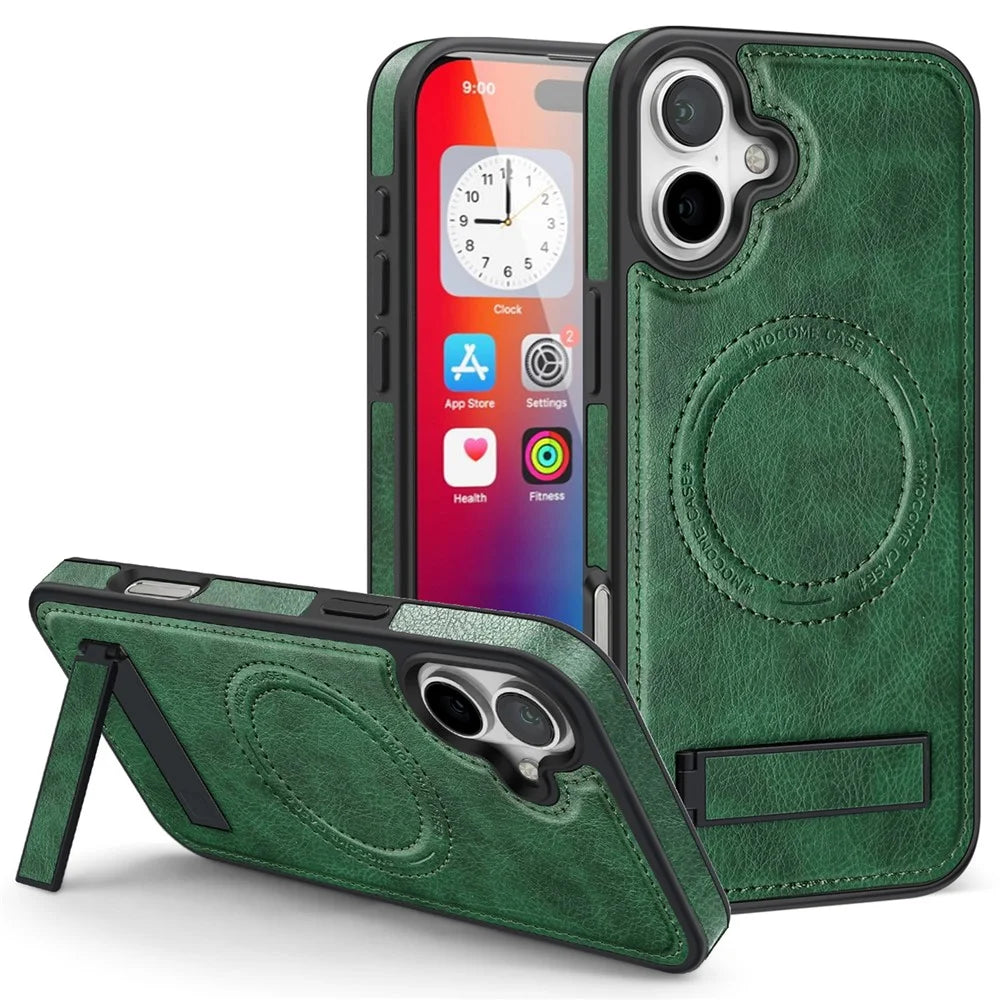 For iPhone 16 Case Compatible with MagSafe with Folded Kickstand PC Silicone Leather Phone Back Cover  - Blackish Green - 1
