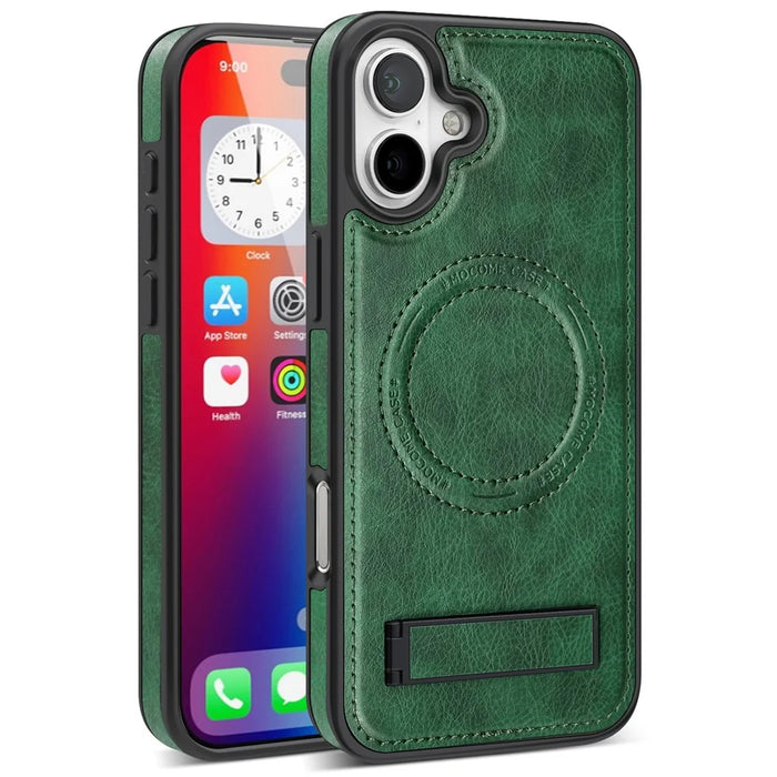 For iPhone 16 Case Compatible with MagSafe with Folded Kickstand PC Silicone Leather Phone Back Cover  - Blackish Green - 2