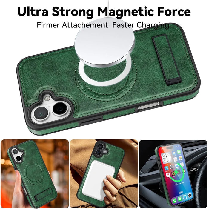For iPhone 16 Case Compatible with MagSafe with Folded Kickstand PC Silicone Leather Phone Back Cover  - Blackish Green - 3