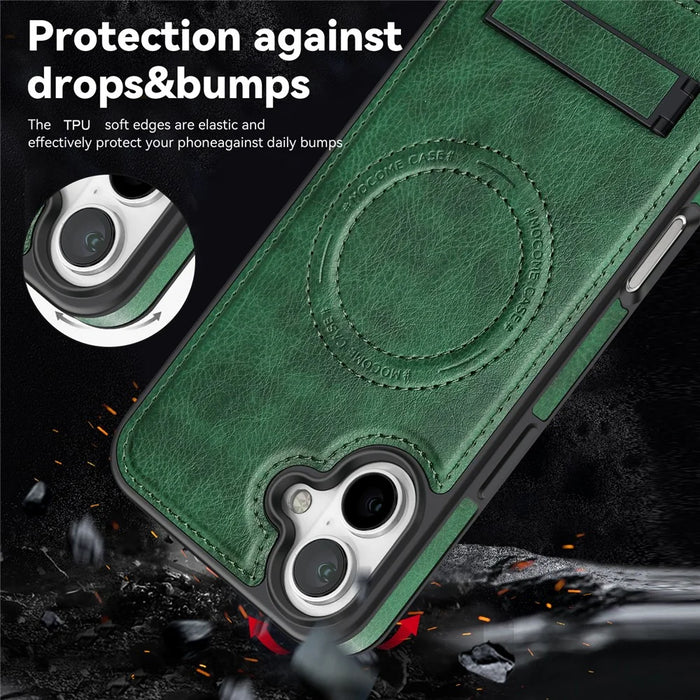 For iPhone 16 Case Compatible with MagSafe with Folded Kickstand PC Silicone Leather Phone Back Cover  - Blackish Green - 4
