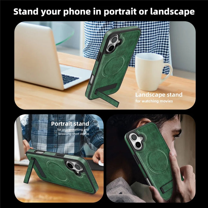 For iPhone 16 Case Compatible with MagSafe with Folded Kickstand PC Silicone Leather Phone Back Cover  - Blackish Green - 6