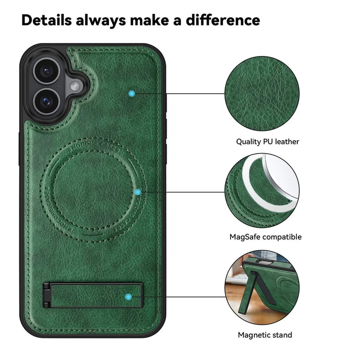 For iPhone 16 Case Compatible with MagSafe with Folded Kickstand PC Silicone Leather Phone Back Cover  - Blackish Green - 7