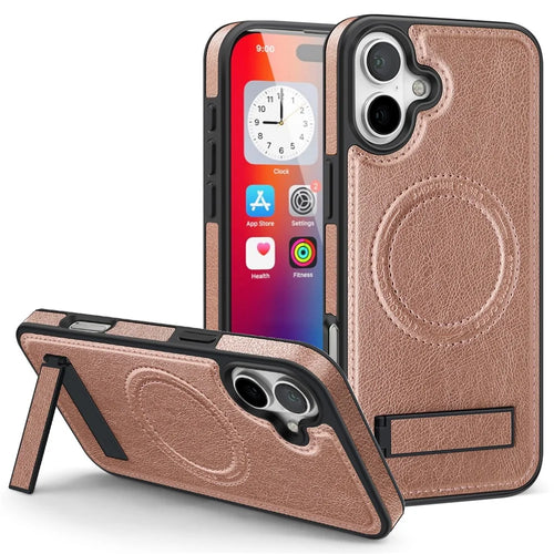 For iPhone 16 Plus Case Compatible with MagSafe with Folded Kickstand PC Silicone Leather Phone Back Cover  - Rose Gold - 1