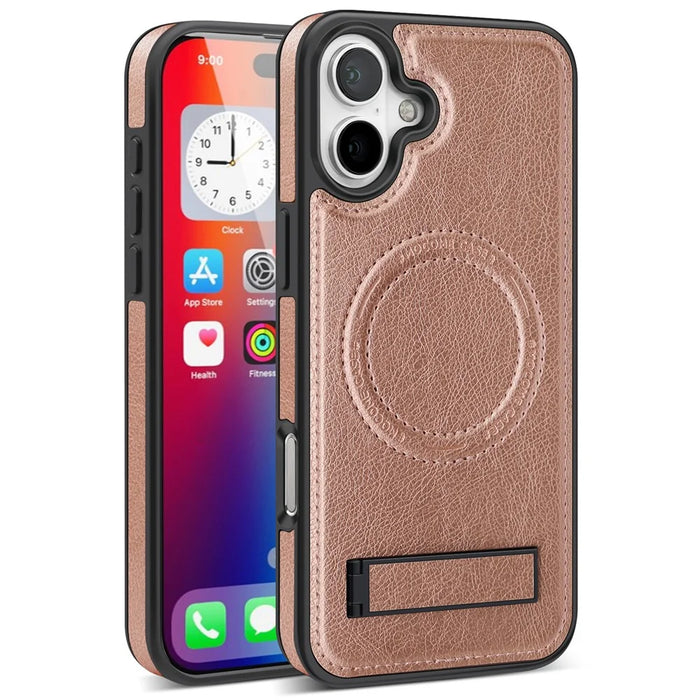 For iPhone 16 Plus Case Compatible with MagSafe with Folded Kickstand PC Silicone Leather Phone Back Cover  - Rose Gold - 2