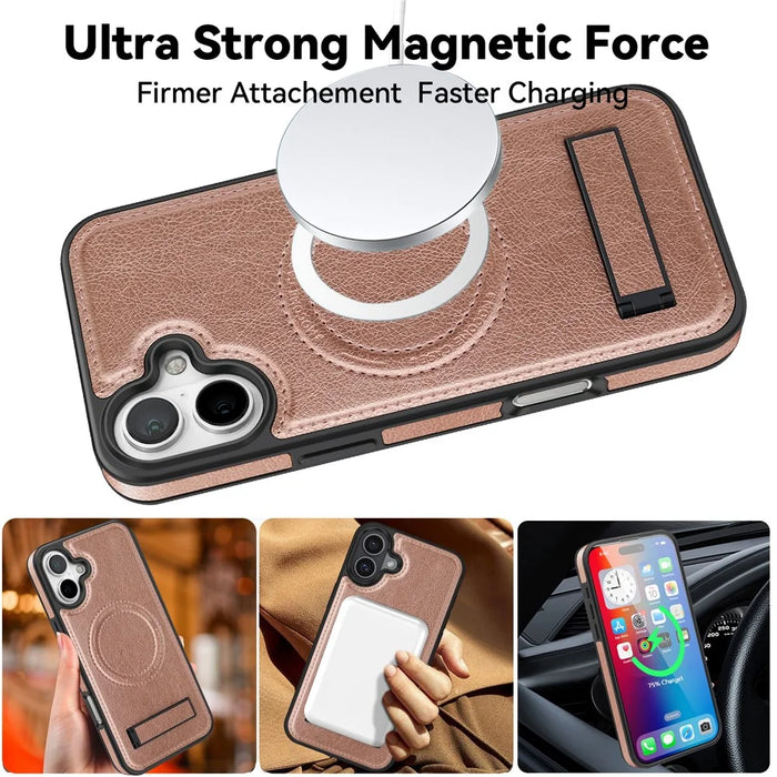 For iPhone 16 Plus Case Compatible with MagSafe with Folded Kickstand PC Silicone Leather Phone Back Cover  - Rose Gold - 3