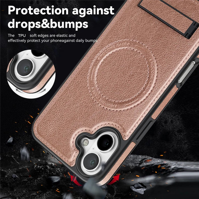 For iPhone 16 Plus Case Compatible with MagSafe with Folded Kickstand PC Silicone Leather Phone Back Cover  - Rose Gold - 4