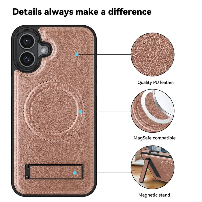 For iPhone 16 Plus Case Compatible with MagSafe with Folded Kickstand PC Silicone Leather Phone Back Cover  - Rose Gold - 7
