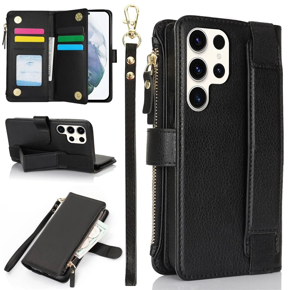 XL-001 For Samsung Galaxy S23 Ultra Case Zipper Pocket Wristband Stand Leather Phone Cover - Black - 1