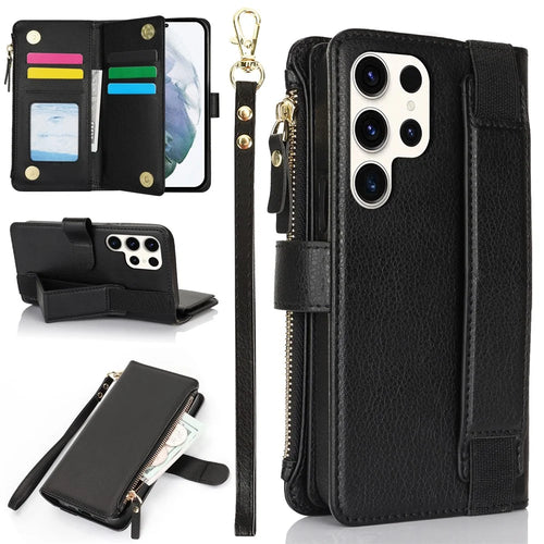 XL-001 For Samsung Galaxy S23 Ultra Case Zipper Pocket Wristband Stand Leather Phone Cover - Black - 1