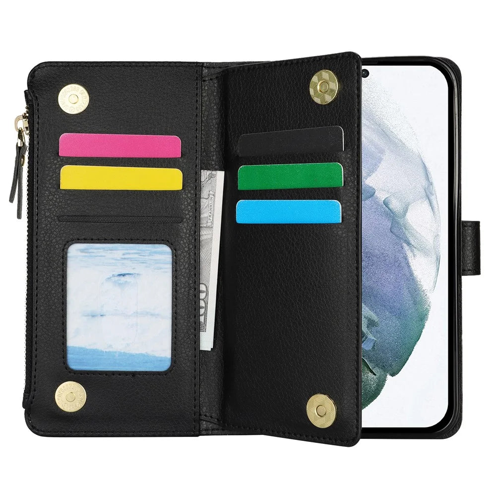 XL-001 For Samsung Galaxy S23 Ultra Case Zipper Pocket Wristband Stand Leather Phone Cover - Black - 2