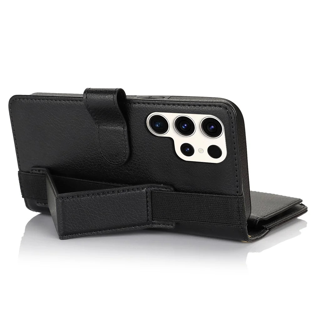 XL-001 For Samsung Galaxy S23 Ultra Case Zipper Pocket Wristband Stand Leather Phone Cover - Black - 3