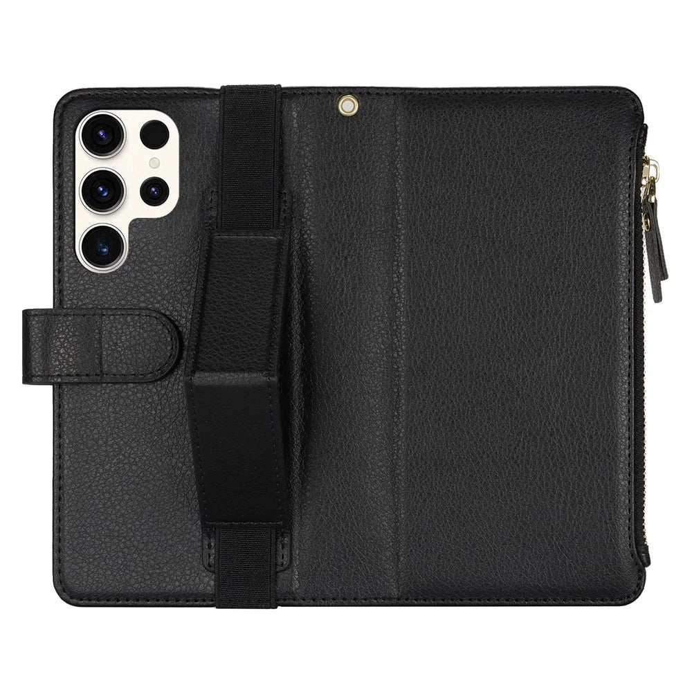 XL-001 For Samsung Galaxy S23 Ultra Case Zipper Pocket Wristband Stand Leather Phone Cover - Black - 5