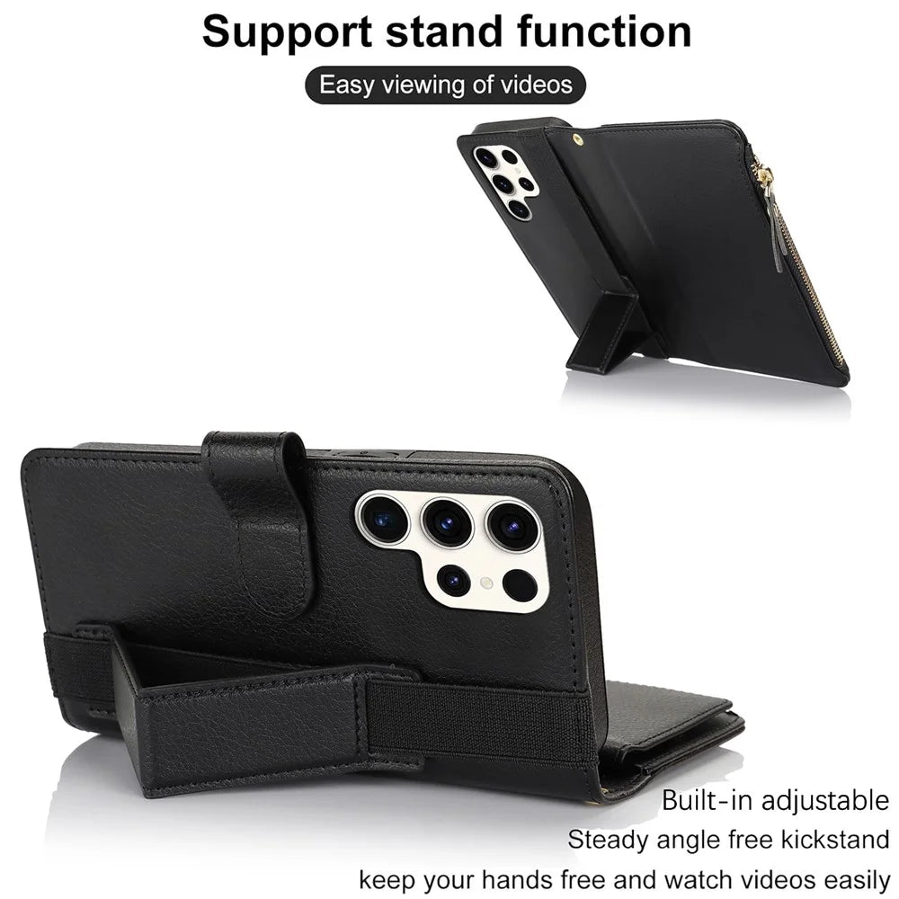 XL-001 For Samsung Galaxy S23 Ultra Case Zipper Pocket Wristband Stand Leather Phone Cover - Black - 6