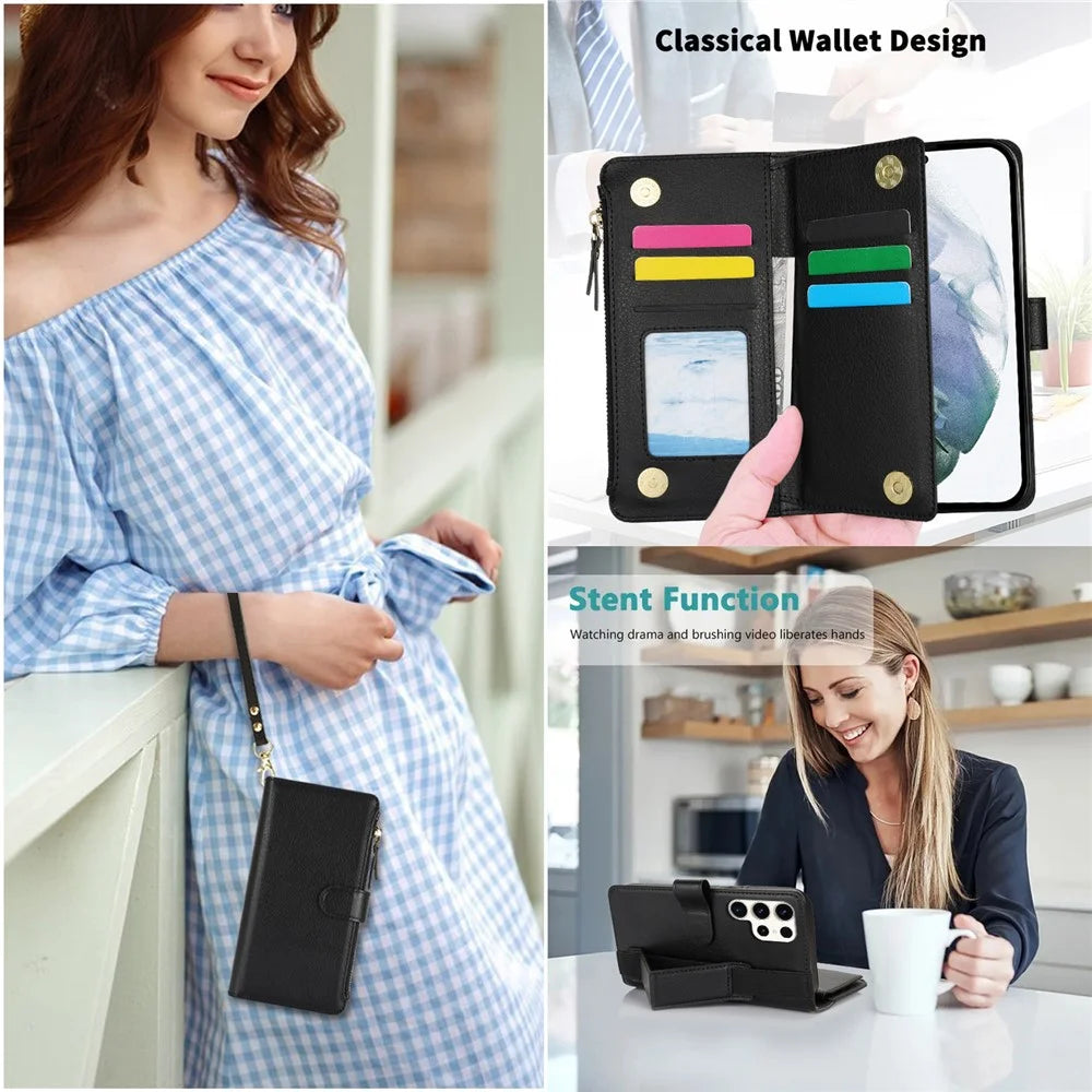 XL-001 For Samsung Galaxy S23 Ultra Case Zipper Pocket Wristband Stand Leather Phone Cover - Black - 7