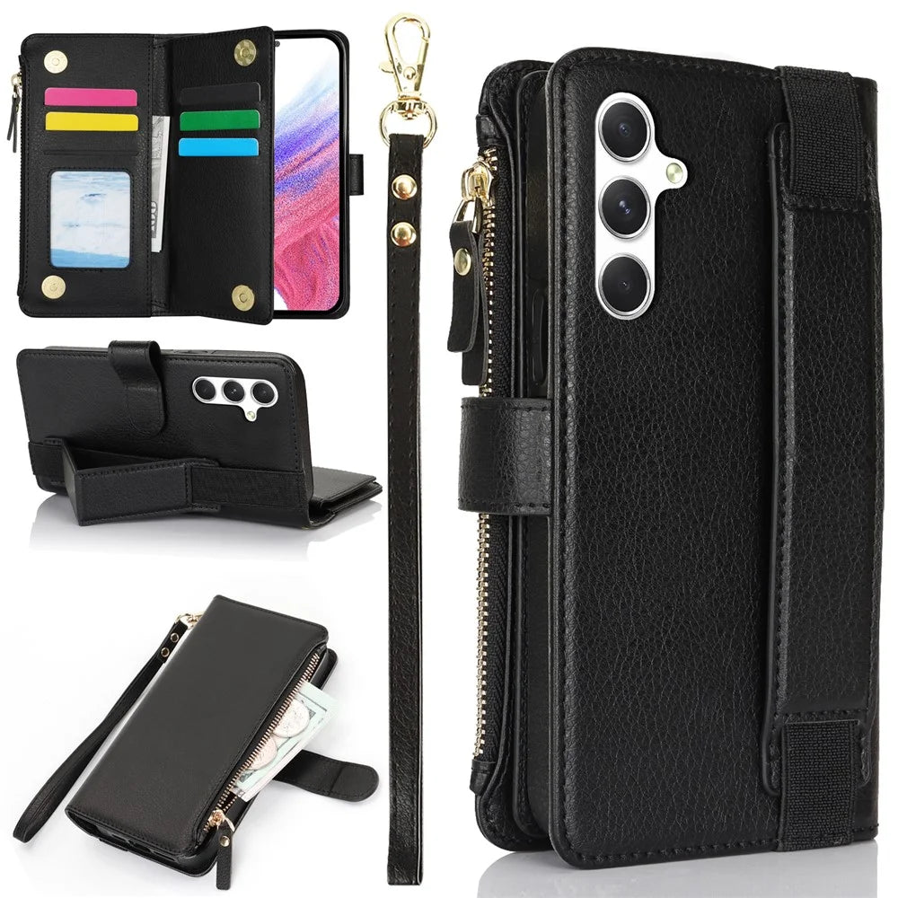 XL-001 For Samsung Galaxy S23 FE Case Zipper Pocket Wristband Stand Leather Phone Cover - Black - 1