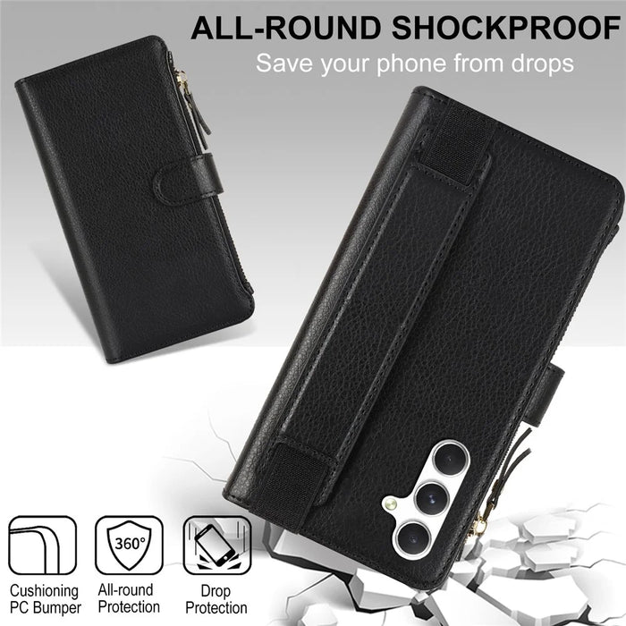 XL-001 For Samsung Galaxy S23 FE Case Zipper Pocket Wristband Stand Leather Phone Cover - Black - 7