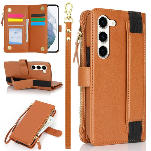 XL-001 For Samsung Galaxy S23+ Case Zipper Pocket Wristband Stand Leather Phone Cover - Brown - 1