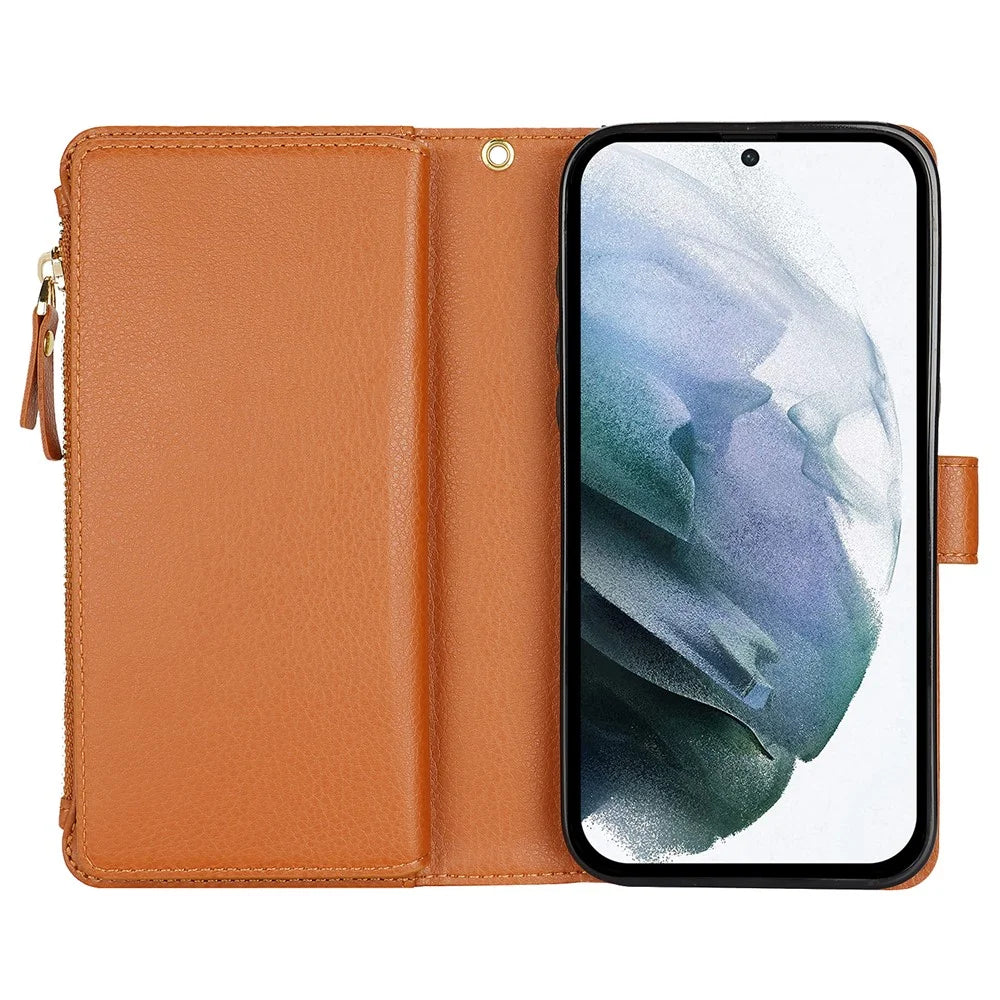 XL-001 For Samsung Galaxy S23+ Case Zipper Pocket Wristband Stand Leather Phone Cover - Brown - 2