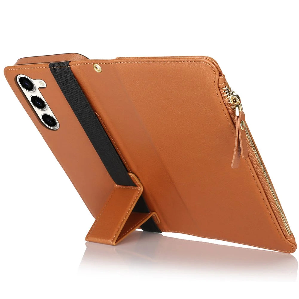 XL-001 For Samsung Galaxy S23+ Case Zipper Pocket Wristband Stand Leather Phone Cover - Brown - 3