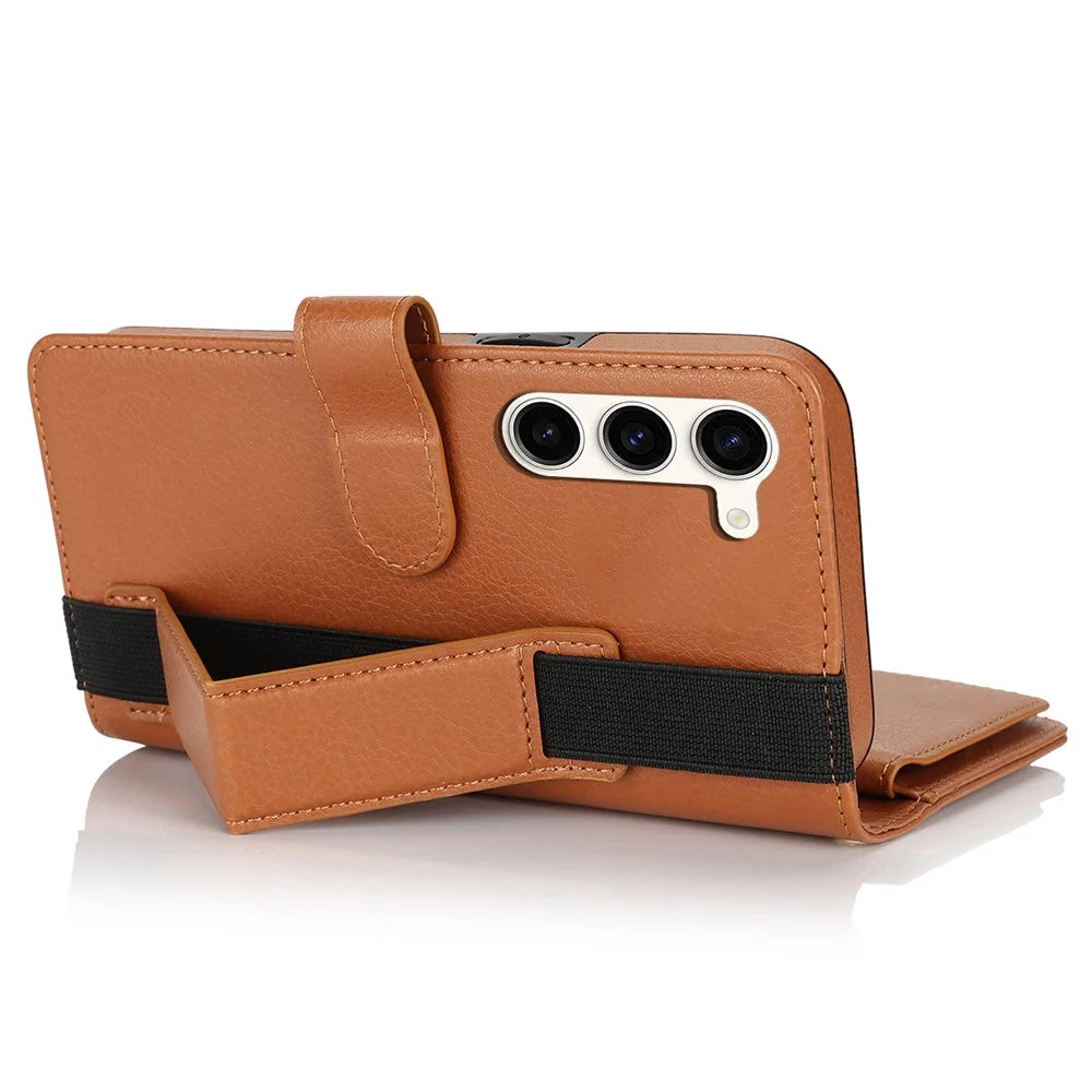 XL-001 For Samsung Galaxy S23+ Case Zipper Pocket Wristband Stand Leather Phone Cover - Brown - 4
