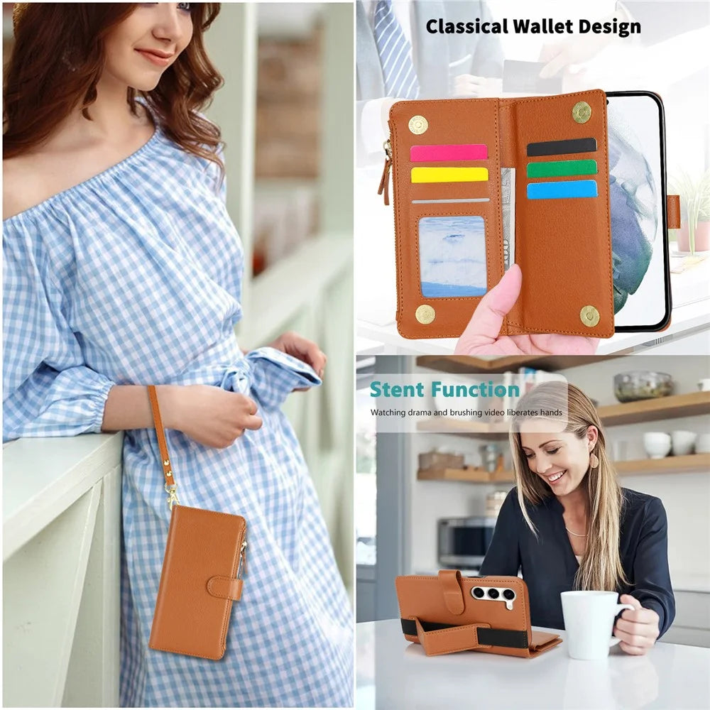 XL-001 For Samsung Galaxy S23+ Case Zipper Pocket Wristband Stand Leather Phone Cover - Brown - 5