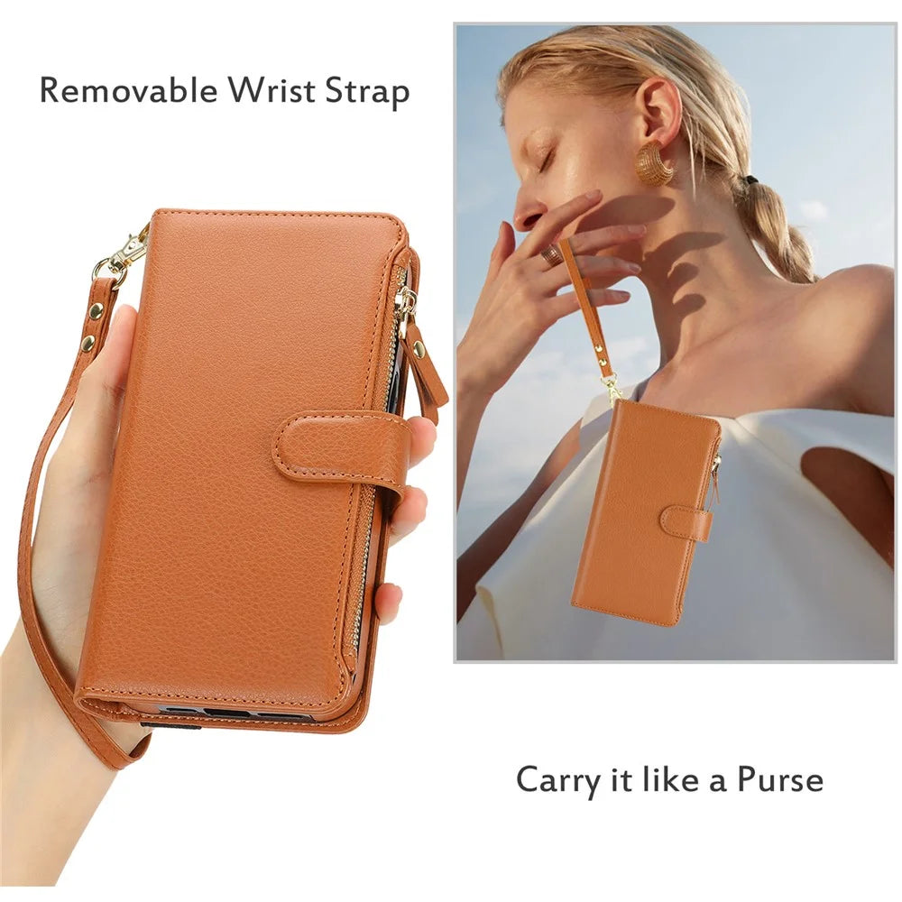 XL-001 For Samsung Galaxy S23+ Case Zipper Pocket Wristband Stand Leather Phone Cover - Brown - 6