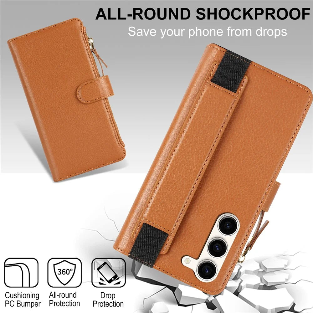 XL-001 For Samsung Galaxy S23+ Case Zipper Pocket Wristband Stand Leather Phone Cover - Brown - 7