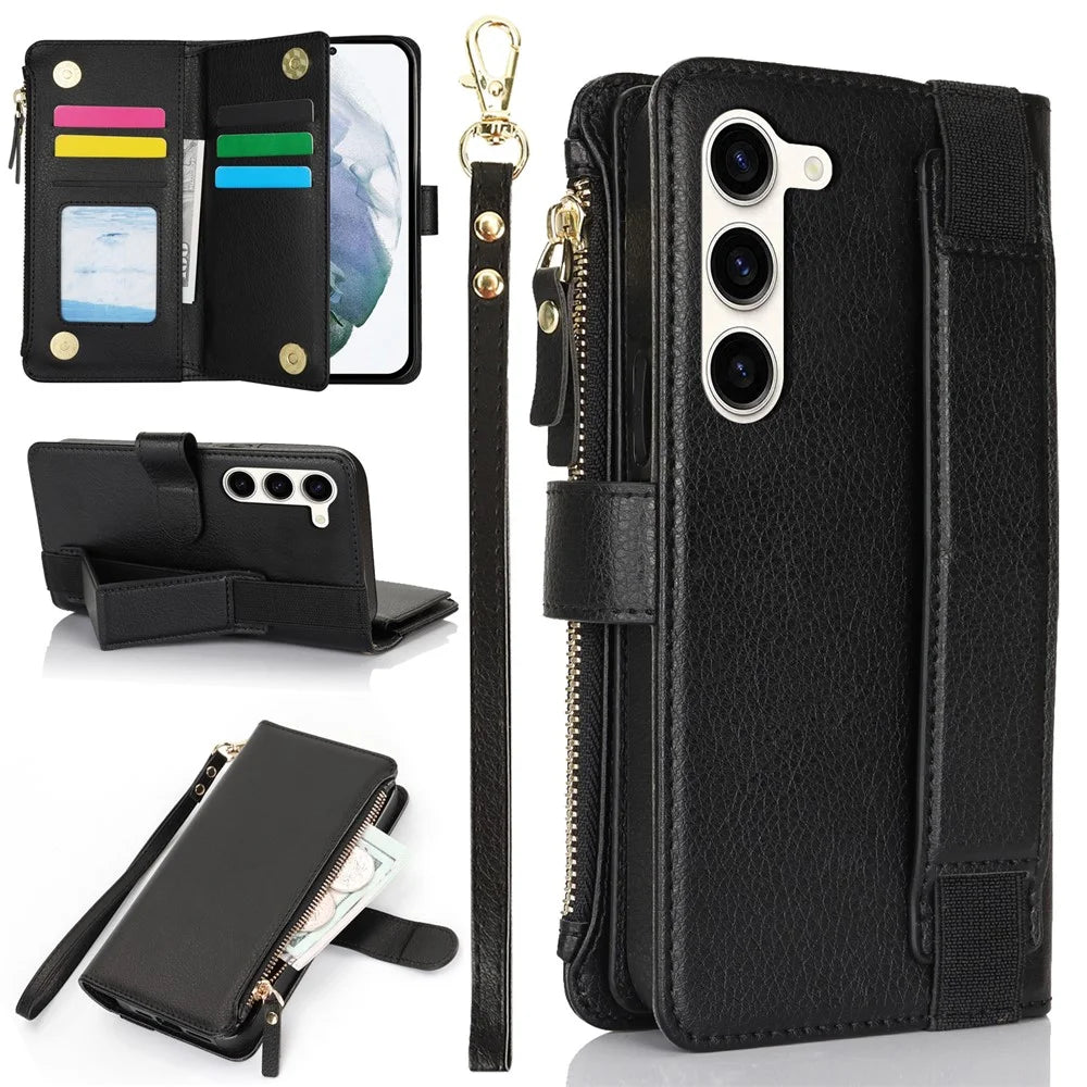 XL-001 For Samsung Galaxy S23 Case Zipper Pocket Wristband Stand Leather Phone Cover - Black - 1