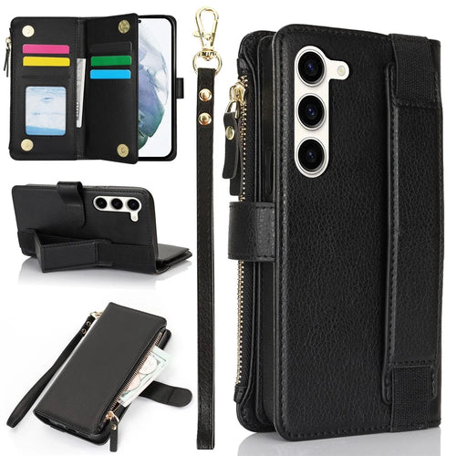 XL-001 For Samsung Galaxy S23 Case Zipper Pocket Wristband Stand Leather Phone Cover - Black - 1