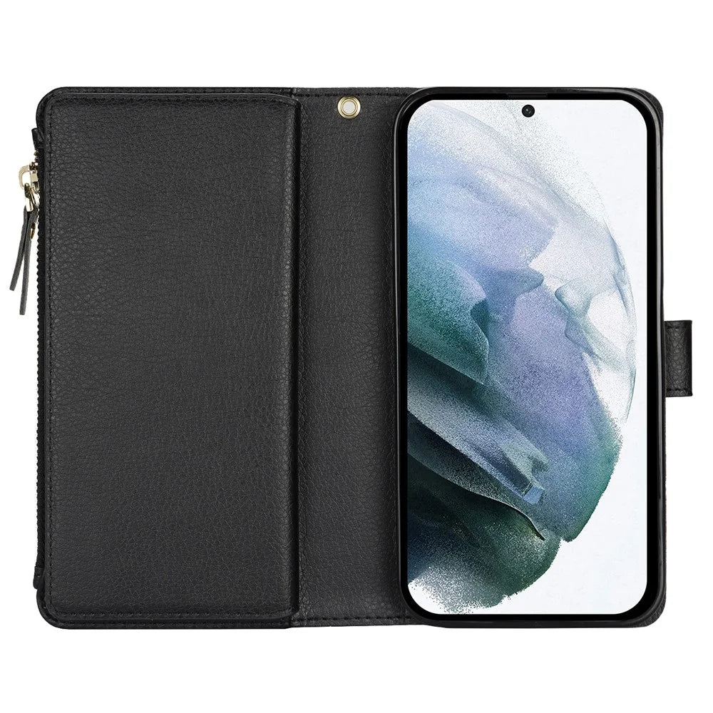 XL-001 For Samsung Galaxy S23 Case Zipper Pocket Wristband Stand Leather Phone Cover - Black - 2