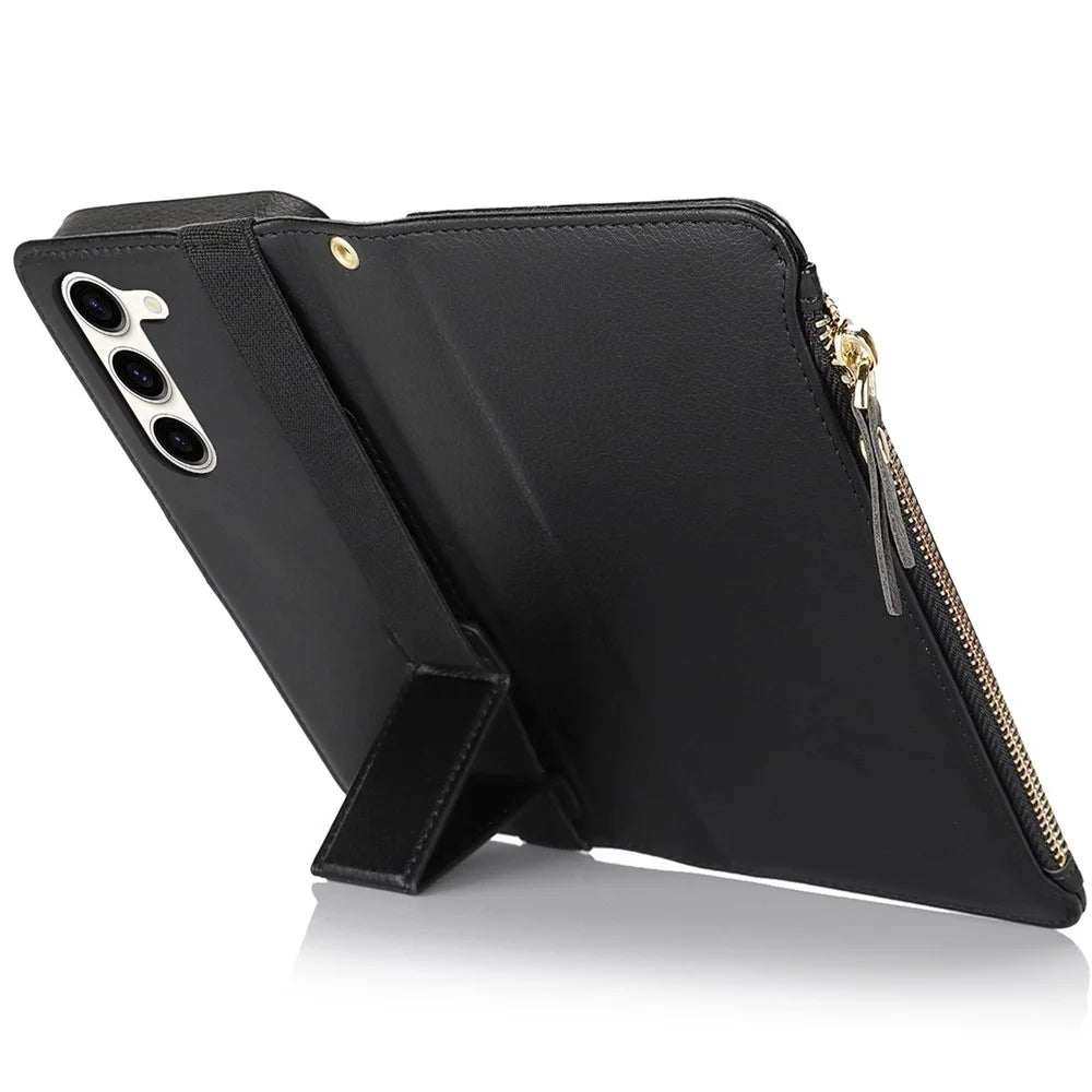 XL-001 For Samsung Galaxy S23 Case Zipper Pocket Wristband Stand Leather Phone Cover - Black - 3