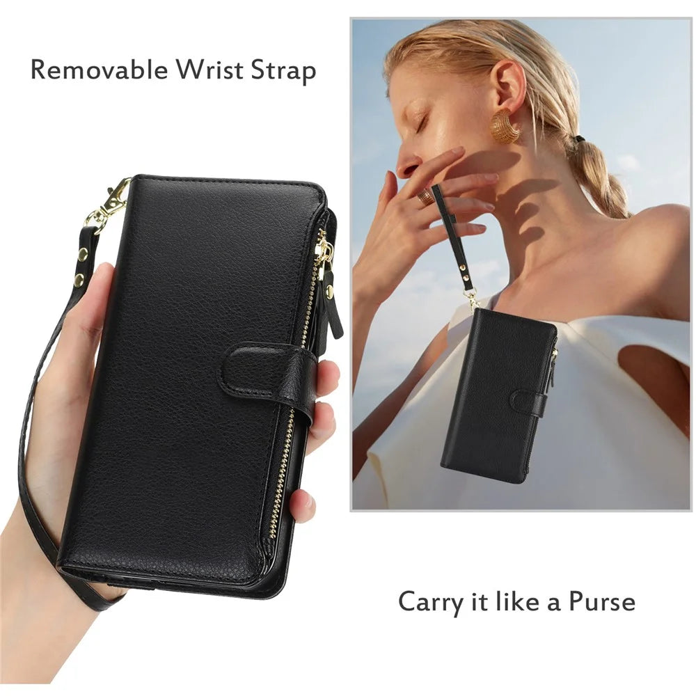 XL-001 For Samsung Galaxy S23 Case Zipper Pocket Wristband Stand Leather Phone Cover - Black - 6