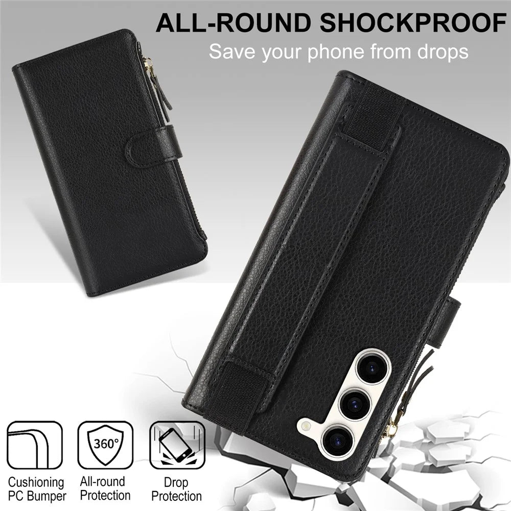 XL-001 For Samsung Galaxy S23 Case Zipper Pocket Wristband Stand Leather Phone Cover - Black - 7