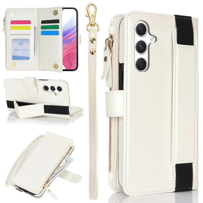 XL-001 For Samsung Galaxy A55 5G Case Zipper Pocket Wristband Stand Leather Phone Cover - White - 1