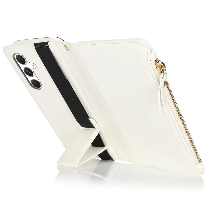 XL-001 For Samsung Galaxy A55 5G Case Zipper Pocket Wristband Stand Leather Phone Cover - White - 3