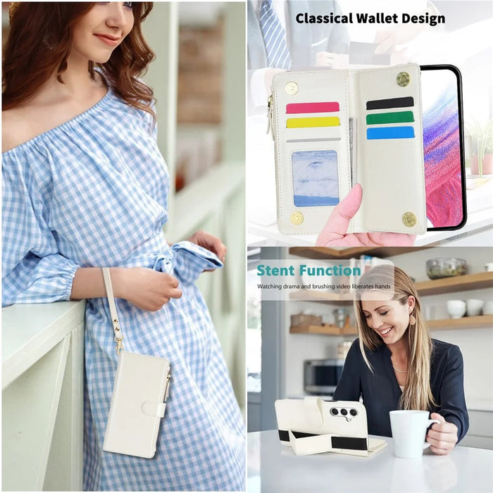 XL-001 For Samsung Galaxy A55 5G Case Zipper Pocket Wristband Stand Leather Phone Cover - White - 5