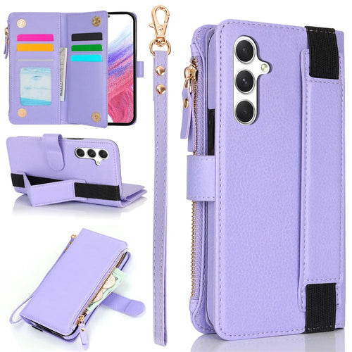 XL-001 For Samsung Galaxy A15 4G / 5G Case Zipper Pocket Wristband Stand Leather Phone Cover - Purple - 1
