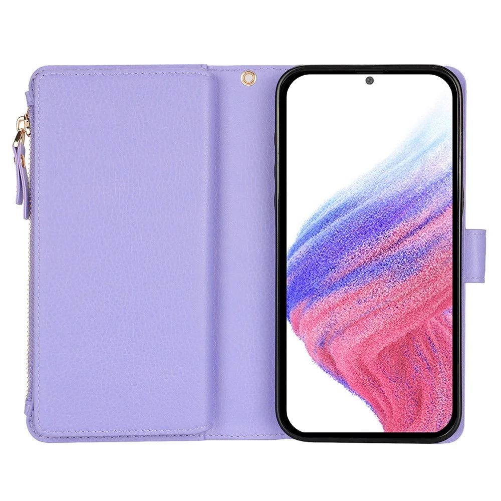 XL-001 For Samsung Galaxy A15 4G / 5G Case Zipper Pocket Wristband Stand Leather Phone Cover - Purple - 2