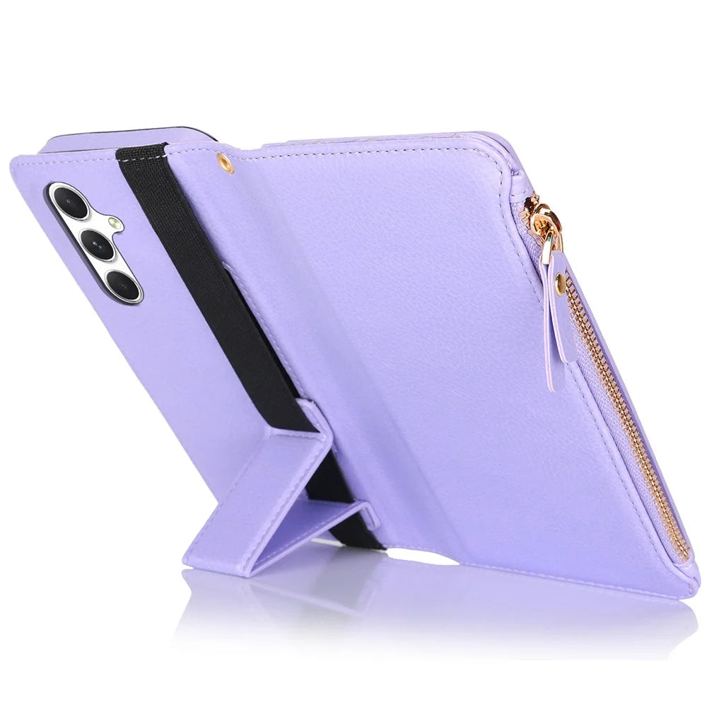 XL-001 For Samsung Galaxy A15 4G / 5G Case Zipper Pocket Wristband Stand Leather Phone Cover - Purple - 3
