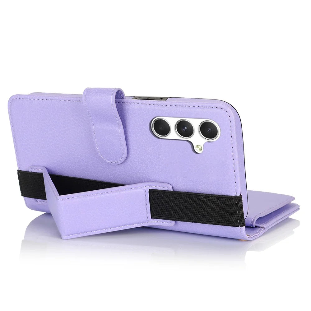 XL-001 For Samsung Galaxy A15 4G / 5G Case Zipper Pocket Wristband Stand Leather Phone Cover - Purple - 4