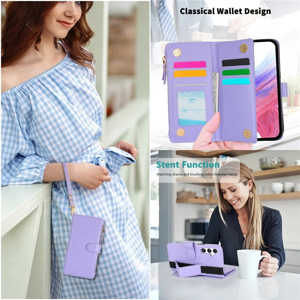 XL-001 For Samsung Galaxy A15 4G / 5G Case Zipper Pocket Wristband Stand Leather Phone Cover - Purple - 5