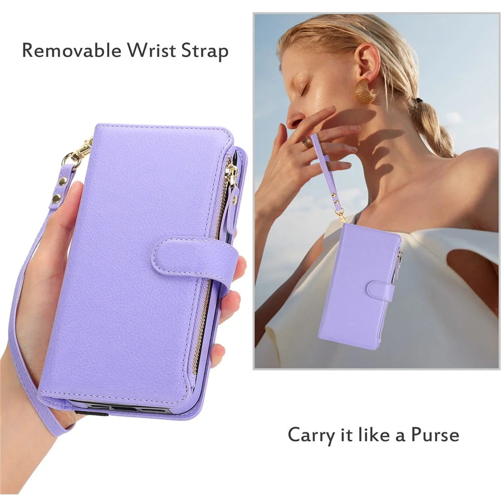 XL-001 For Samsung Galaxy A15 4G / 5G Case Zipper Pocket Wristband Stand Leather Phone Cover - Purple - 6