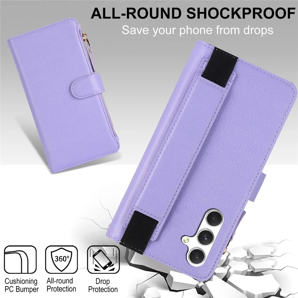 XL-001 For Samsung Galaxy A15 4G / 5G Case Zipper Pocket Wristband Stand Leather Phone Cover - Purple - 7